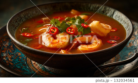 Shrimp Soup with Fresh Herbs and Chili Peppers in Dark Textured Bowl 132034561