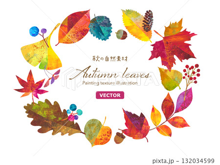 秋の紅葉した落ち葉や木の実でデザインした円形フレーム。カラフルなペインティングテクスチャのイラスト。 秋の紅葉した落ち葉や木の実でデザインした円形フレーム。カラフルなペインティングテクスチャのイラスト。 132034599