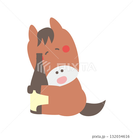 一升瓶を抱える酔っ払ったかわいい馬のキャラクターイラスト素材 132034616