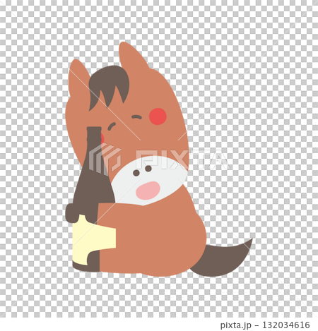 一升瓶を抱える酔っ払ったかわいい馬のキャラクターイラスト素材 132034616
