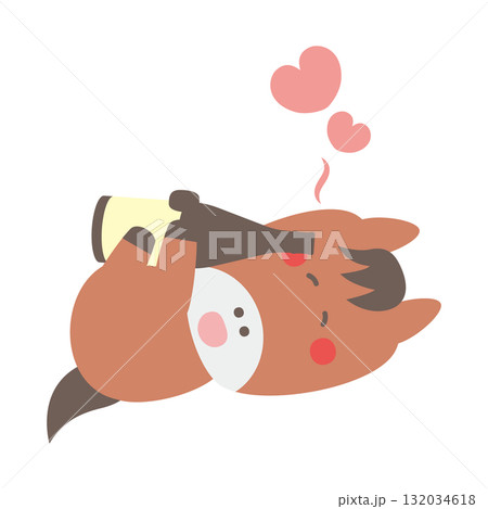 一升瓶を持ってゴロゴロするかわいい馬のキャラクターイラスト素材 132034618