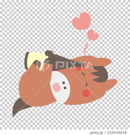 一升瓶を持ってゴロゴロするかわいい馬のキャラクターイラスト素材 132034618