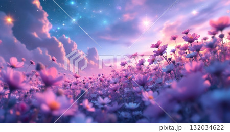 A field of pink flowers on a distant planet 132034622