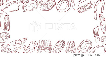 Border frame with meat cuts in line art style. Ideal for butcher shop design, culinary menu, recipe book or background in food related illustration. 132034638