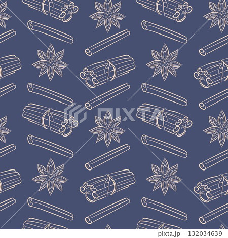 Seamless pattern with cinnamon stick, bundle and star anise in line art style on a dark blue background. 132034639