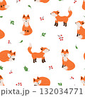 Seamless pattern of cute cartoon foxes. Vector illustration of cartoon animals. Background for kids wear, nursery 132034771