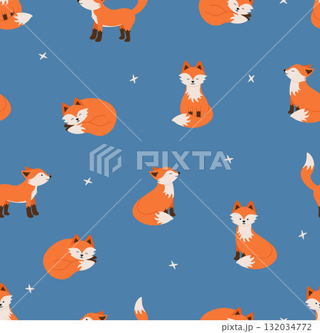 Seamless pattern of cute foxes. Vector illustration of cartoon forest animals. Background for kids wear, nursery. Seamless pattern of cute foxes. Vector illustration of cartoon forest animals. Background for kids wear, nursery. 132034772