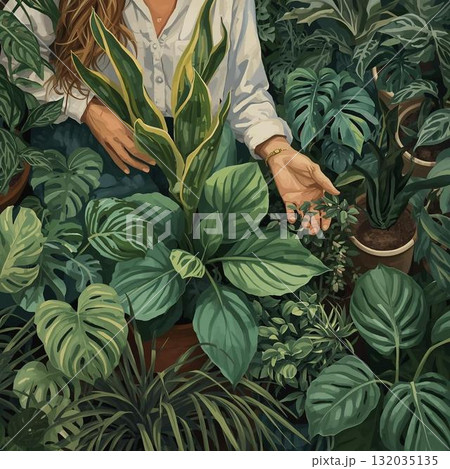 観葉植物の手入れをする女性 132035135