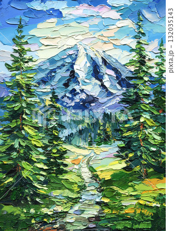 Mountain Landscape with Pine Trees and Path, Textured Impasto Oil Painting, Blue Sky Scenic Nature Artwork, Mount Rainier Mountain Landscape with Pine Trees and Path, Textured Impasto Oil Painting, Blue Sky Scenic Nature Artwork, Mount Rainier 132035143