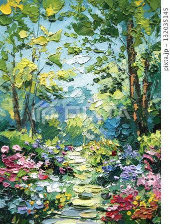 Blooming Garden Path, Textured Oil Painting with Colorful Flowers and Trees, Impressionist Landscape Art 132035145