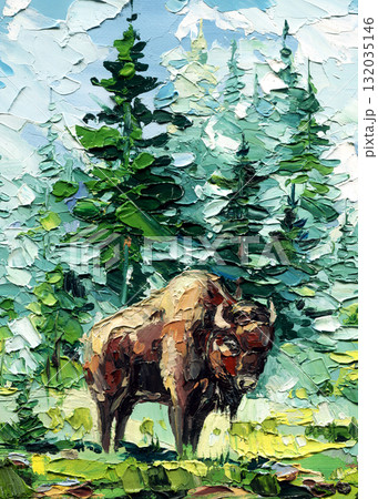 Bison in Forest, Textured Impasto Oil Painting, Wildlife Landscape Art with Green Trees and Mountain Nature 132035146