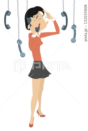 Too much communication. Woman with many phones. Hysterical girl tries to answer on many phones Too much communication. Woman with many phones. Hysterical girl tries to answer on many phones 132035606