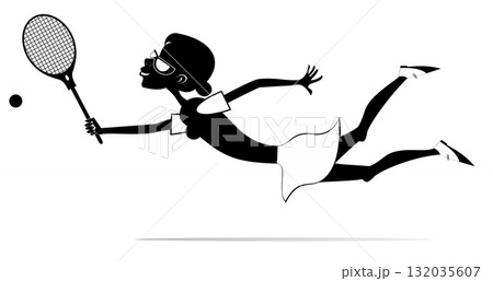 Tennis. Young woman plays tennis. Pretty young woman hits the ball while falling. Black and white illustration Tennis. Young woman plays tennis. Pretty young woman hits the ball while falling. Black and white illustration 132035607