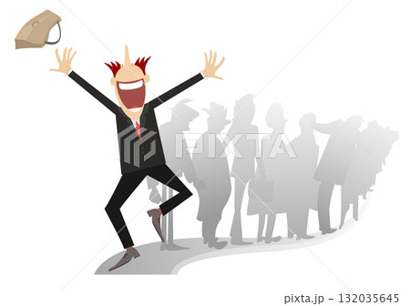 A happy man got a good (highly paid) job. Happy man and long turn of people on the background	 132035645