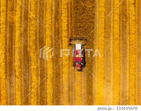 Combine harvester working in serene agricultural field during daytime Combine harvester working in serene agricultural field during daytime 132035670
