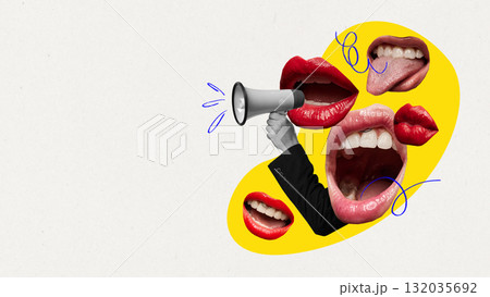 Minimalist digital artwork. Megaphone with expressive mouths and lips collage concept of communication and announcement Minimalist digital artwork. Megaphone with expressive mouths and lips collage concept of communication and announcement 132035692