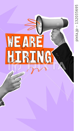 Modern recruitment poster. Megaphone and pointing hand with We Are Hiring text Modern recruitment poster. Megaphone and pointing hand with We Are Hiring text 132035695