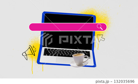 Digital artwork with laptop with search bar and coffee cup. Digital artwork with laptop with search bar and coffee cup. 132035696