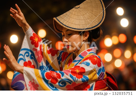 Japanese Woman Dancing at Awa Odori Festival 132035751