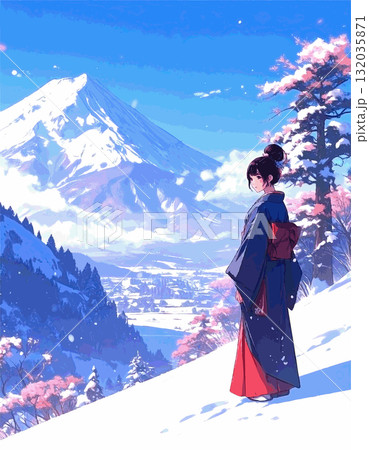 冬の山をバックに赤い着物の女性 132035871