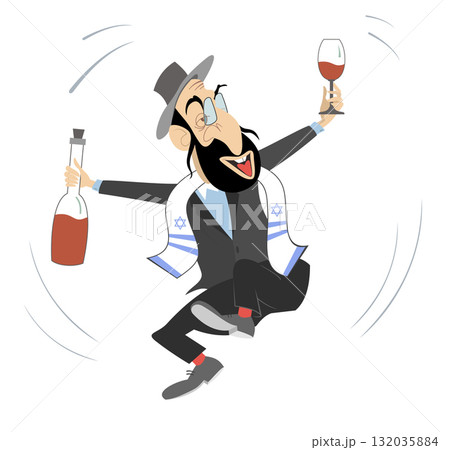 Hanukkah celebrating. Happy dancing Jewish man with a bottle of wine and vine glass in the hands. Illustration on white background 132035884
