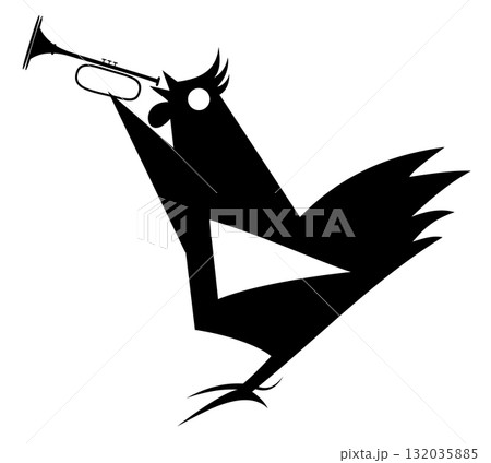 Cute rooster playing trumpet. Art silhouette of rooster with trumpet. Original art Illustration of rooster. Black on white background	 132035885