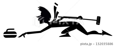 Young man plays curling. Winter sport. Curling. Young man with curling brush pushes a stone towards a target. Black on white illustration Young man plays curling. Winter sport. Curling. Young man with curling brush pushes a stone towards a target. Black on white illustration 132035886