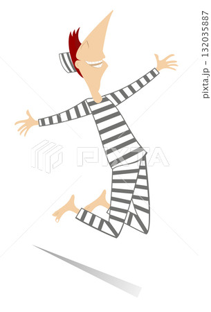 Happy jumping cartoon prisoner. Happy prisoner in the stripe uniform celebrates the discharge	 132035887