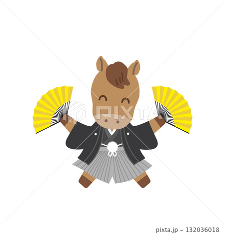 着物姿のかわいい干支、午年（うま年）　扇子と紋付き袴姿　新春セール広告用/透過あり/正方形 132036018