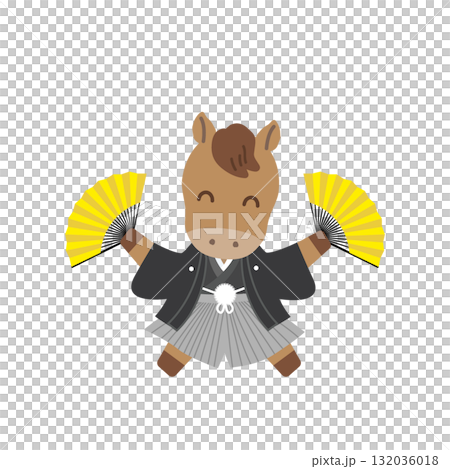 着物姿のかわいい干支、午年（うま年）　扇子と紋付き袴姿　新春セール広告用/透過あり/正方形 132036018