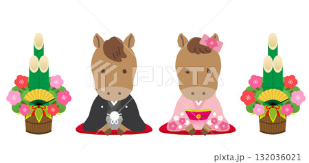 イラスト素材：着物姿のかわいい干支シリーズ　辰年カップルと正月飾りの門松　龍/男女/新年のご挨拶 132036021
