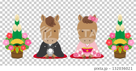 插圖素材：可愛的生肖系列龍年情侶和新年裝飾門松龍/男女/拜年 132036021