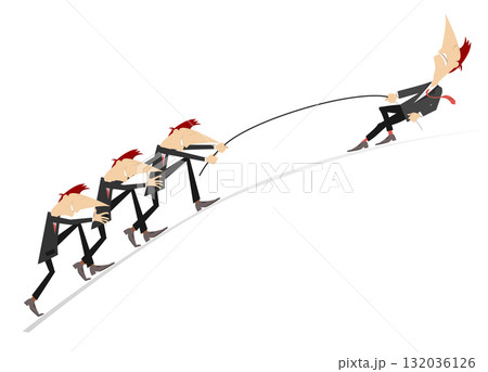 Business. Team work in business. The leader pulls three of his colleagues by the rope. Concept illustration	 132036126