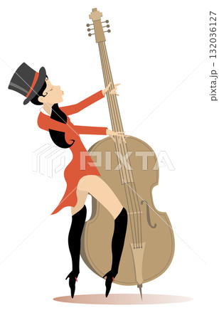 Young woman in the top hat playing contrabass. Pretty young cellist woman in the top hat 132036127