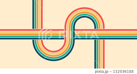 Colorful groovy wavy line pattern, retro rainbow vector design inspired by 70s. Abstract sunshine burst background with vintage psychedelic texture and curved bright stripes. 132036188