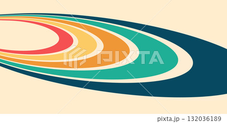 Colorful vintage rainbow stripes forming groovy wavy lines and sunshine rays. Retro 70s inspired vector background, abstract psychedelic texture perfect for textile design. 132036189