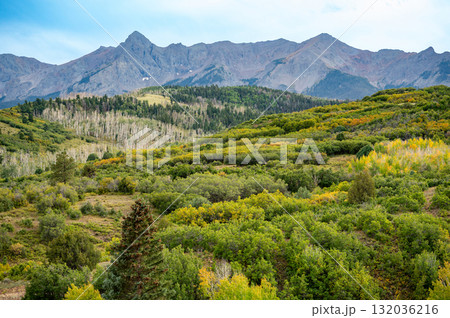 San Juan Mountains scenic view in early fall season. Seen from Dallas Divide 132036216