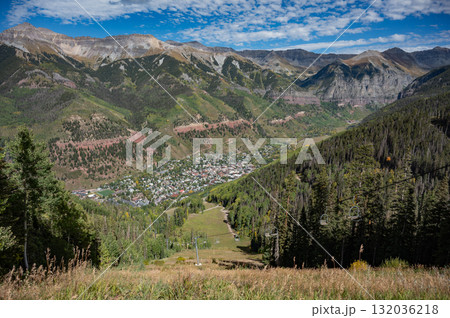 Aerial view of Telluride townscape, a famous ski town in early fall of Colorado, United States. Aerial view of Telluride townscape, a famous ski town in early fall of Colorado, United States. 132036218