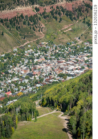Aerial view of Telluride townscape, a famous ski town in early fall of Colorado, United States. Aerial view of Telluride townscape, a famous ski town in early fall of Colorado, United States. 132036219