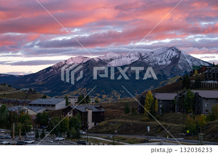 Romantic sunset at Crested Butte, a ski town in the Rocky mountains of Colorado, USA 132036233