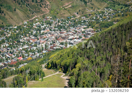 Aerial view of Telluride townscape, a famous ski town in early fall of Colorado, United States 132036250