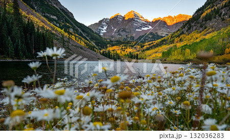 Maroon Bells at dawn. Famous autumn landscape during fall foliage in Colorado, USA Maroon Bells at dawn. Famous autumn landscape during fall foliage in Colorado, USA 132036283