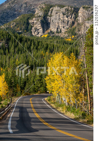 Scenic road with autumn scenery at Rocky Mountain National Park in Colorado, USA. 132036297