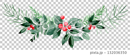 Christmas decoration. Watercolor frame with Christmas plants, spruce and eucalyptus branches, and red berries. 132036350