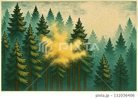 杉林 スギ花粉 版画調 杉林 スギ花粉 版画調 132036406