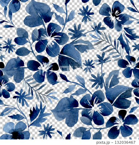 Seamless watercolor pattern with blue abstract flowers. Floral print for fabric and wallpaper. 132036467