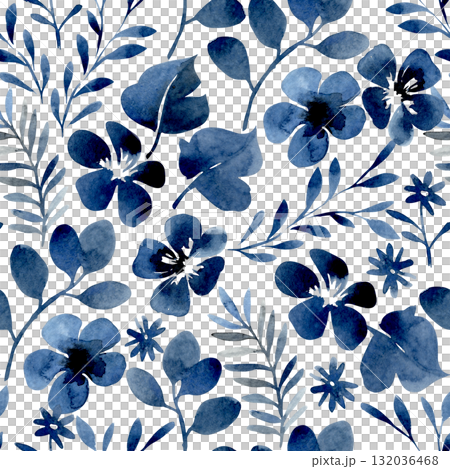 Seamless watercolor pattern with blue abstract flowers. Floral print for fabric and wallpaper. 132036468