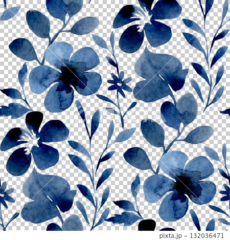 Seamless watercolor pattern with blue abstract flowers. Floral print for fabric and wallpaper. 132036471
