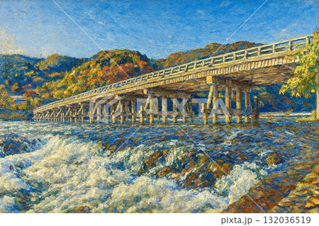 京都嵐山　渡月橋　桂川　油彩画 132036519