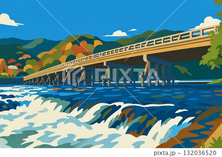 京都嵐山　渡月橋　桂川　ベクター 132036520